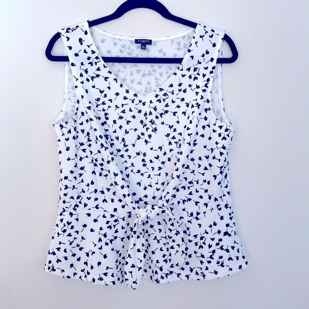 Talbots Black/ White Floral Front Tie Peplum Top